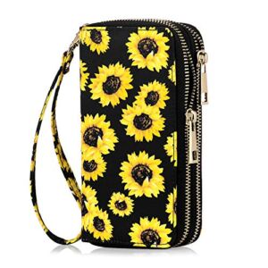 HAWEE Double Zipper Wallet for Woman Clutch Purse with Wrist Strap for Cell Phone/Card/Coin/Cash, Sunflower