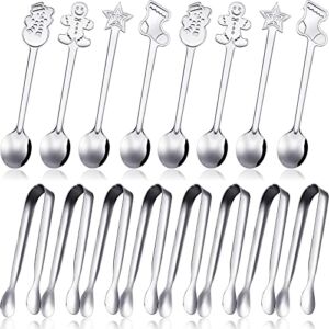 Seewey 16 Pieces Christmas Coffee Spoons and Sugar Tongs Christmas Stirring Spoon Stainless Steel Mini Serving Tongs for Christmas Tea Coffee Shop Party Bar Home Kitchen Tableware Use, (Tongs-S3W1)