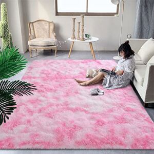 DweIke Super Soft Shaggy Rugs Fluffy Carpets, Tie-Dye Rugs for Living Room Bedroom Girls Kids Room Nursery Home Decor,Non-Slip Machine Washable Carpet ,5×8 Feet Pink