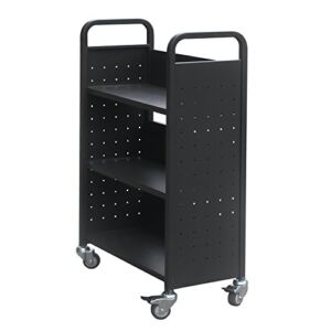 Heavy Duty Book Carts with 3 Single-Sided Book Shelves, Rolling Book Storage Rack with Lockable Wheels 200lbs Capacity (Black)