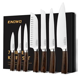 enowo Kitchen Knife Set, Sharp Chef Knife Set with Widened Blade & Wooden Handle, 7 Piece High Carbon Stainless Steel Knives Set for Kitchen
