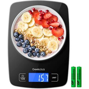 Food Kitchen Scale, Geekclick 22lb Digital Scale for Food Weight Grams and Oz, Food Weight Scale for Cooking, Baking and Weight Loss, 1g/0.05oz Precise Graduation, Tempered Glass, Black