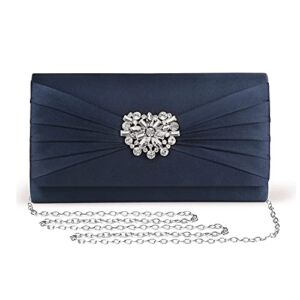 Mulian LilY M102 Evening Bags For Women Pleated Satin Rhinestone Brooch Prom Clutch Purse With Detachable Chain Strap Navy