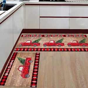 LooPoP Kitchen Rugs and Mats Sets of 2 Merry Christmas Non-Slip Rubber Backing Area Rugs Washable Runner Carpets for Floor, Kitchen Rustic Red Truck with Xmas Tree Snowflakes 15.7×23.6+15.7×47.2inch