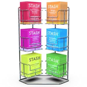 Tea bag storage organizer for home kitchen, office, or coffee shop; holder fits up to 60 tea bags, countertop pantry cabinet rack, chrome finish