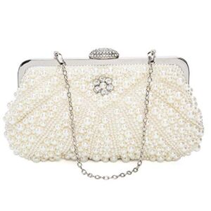 Pinprin Pearl Clutch Bag for Women Evening Wedding Party Bridal Handbag Ladies Beaded Clutch Purse (white 2)