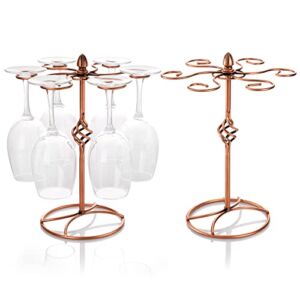 Okllen 2 Pack Scrollwork Wine Glass Rack with 6 Hooks, Metal Stemware Holder Stand Freestanding Wine Glass Holder Display Rack for Tabletop, Bar Countertop, Air Drying, Kitchen Home Storage, Bronze