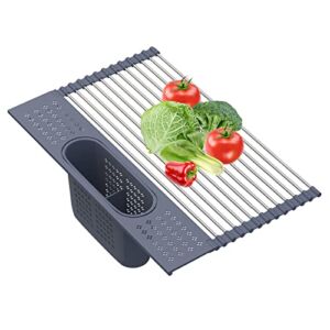 Fixparts Roll Up Dish Drying Rack 17.5″(L) x 11″(W) – SUS304 Multi-Purpose Rack Rollable Stainless Steel Dish Drainer with Utensil Holder for Kitchen Sink