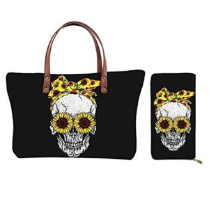 JEOCODY Sunflowers Skull Print Tote Bag for Women Travel Shopping Zippered Handbag Large Shoulder Bag Wallet Long PU Leather Phone Clutch Card Holder Purse