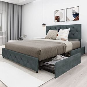 Wancla Queen Upholstered Platform Bed Frame with 4 Storage Drawers / Adjustable Button Tufted Headboard / No Box Spring Neeed / Wood Slat Support / Easy Assembly / Dark Grey, Leathaire