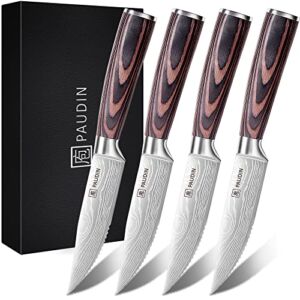 PAUDIN Steak Knives Set of 4, High Carbon Stainless Steel Steak Knives 5.25 Inch, Ultra Sharp Serrated Steak Knife Set with Pakkawood Handle, Kitchen Knives Set with Gift Box