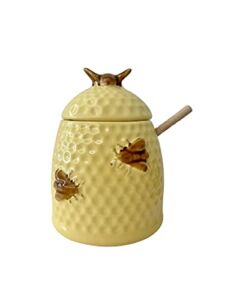 heart & home Ceramic Honey Jar with Dipper 14 oz, Honey Pot with Lid and Wood Dipper, Yellow