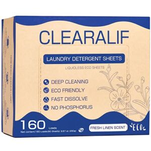 Laundry Detergent Sheets Up to 160 Loads, Fresh Linen – Great For Travel,Apartments, Dorms,CLEARALIF Laundry Detergent Strips Eco Friendly & Hypoallergenic – 80 Sheets