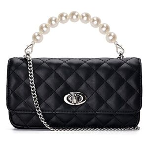 Clutch Purse for Women, GM LIKKIE Evening Envelope Quilted Wallet Bag, Crossbody Foldover Pearl Wedding Shoulder Handbag (Black)