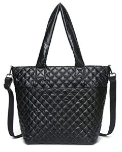 Hsitandy Quilted Tote Bag for Women, Large Nylon Waterproof Tote Crossbody Bags Quilted, Lightweight Soft Handbag with Zipper(Black)
