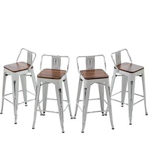 Andeworld Bar Stools Set of 4 Counter Height Stools Industrial Metal Barstools with Wooden Seats( 24 Inch, Distressed White )