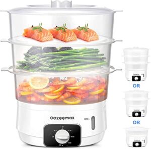 Cozeemax 13.7QT Electric Food Steamer for Cooking, 3 Tier Vegetable Steamer for Fast Simultaneous Cooking, 60 Minute Timer, BPA Free Baskets, 800W (White)