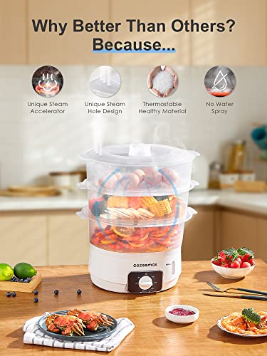 Cozeemax 13.7QT Electric Food Steamer for Cooking, 3 Tier Vegetable Steamer for Fast Simultaneous Cooking, 60 Minute Timer, BPA Free Baskets, 800W (White) | The Storepaperoomates Retail Market - Fast Affordable Shopping