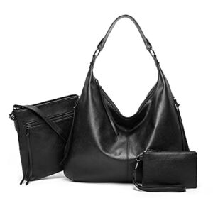 Hobo bags for women Fashion Shoulder Bag Tote Satchel Hobo Handbags Purse Set (Black -3pcs)