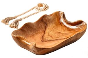 Wavy Live Edge Wooden Bowls for Decor + Wood Beads Garland,Hand Carved Root Wood Decorative Wooden Fruit Bowl,Handmade Entryway Key,Dining Room Coffee Table Centerpiece,Potpourri Decor Display Bowl