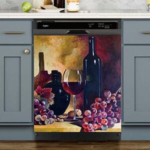 Vintage Wine Bottle Kitchen Dishwasher Magnet Cover Decal, Wine and Grapes Dishwasher Home Decor Sticker, Can Move Freely 23W x 26H inch (Magnetic)