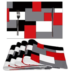 Red Grey Black White Placemats Set of 4,Geometric Square Table Place Mats Waterproof Burlap Washable Dining Placemats for Home Kitchen Decorations (Red Grey Black White, 12″ Wx18 L)