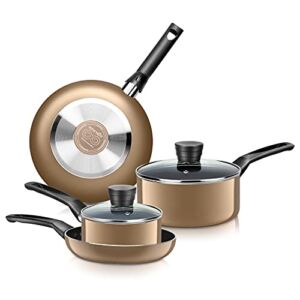 SereneLife Kitchenware Pots & Pans Basic Kitchen Cookware, Black Non-Stick Coating Inside, Heat Resistant Lacquer (6-Piece Set), One Size, Gold