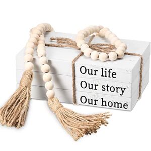 Jetec 3 Pieces Decorative White Books Hardcover Faux Farmhouse Stacked Books Decorative Display Books for Coffee Tables Shelves with Wood Bead Tassels 58 Inch (Our Life, Our Story, Our Home)