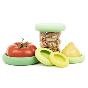 Food Huggers 5pc Reusable Silicone Food Savers | BPA Free & Dishwasher Safe | Fruit & Vegetable Produce Storage for Onion, Tomato, Lemon, Banana, Cans & More | Round, Sage Green