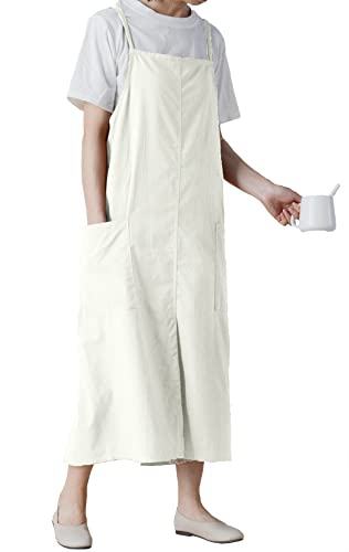 Cotton Long Square Cross Back Aprons Solid Color Cook Kitchen Garden Adjustable Tie Smock with Pockets (Beige, 42Wx 38L) | The Storepaperoomates Retail Market - Fast Affordable Shopping