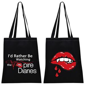 TSOTMO Vampire Inspired Gift I’d Rather Be Watching The Vampire Canvas Tote Bag TV SHOW Fandom Gift (Vamp-Blk canvas)
