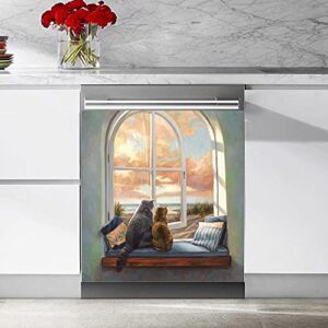 Two Cats in The Bay Window Enjoy The Seascape in a Cozy Afternoon Painting Dishwasher Decorative Magnetic Sticker,Home Decorative Kitchen Cabinets,Refrigerator Magnet Panel Decal 23W x 26H inches