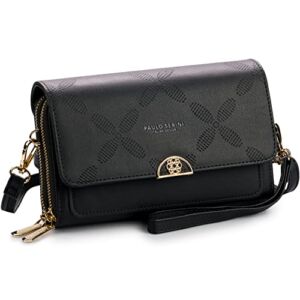 PAULO SERINI® Crossbody bag for women – Shoulder bag made of 100% vegan leather – Cell phone clutch purse with 2 compartments & zipper – Wristlet wallet with 2 adjustable straps – Onyx Black