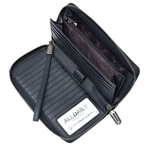 Women’s RFID Blocking Leather Zip Around Wallet Large Phone Holder Clutch Travel Purse Wristlet (Black)