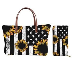JEOCODY Sunflowers with American Flag Print Womens Handbag Shoulder Bag Tote Purse Top Handle Bag and Long Wallet Set of 2 for Lady Girls