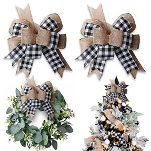 Hongsome Buffalo Plaid Burlap Bows for Wreath 2 Pack,12”x9.4”Large Rustic Farmhouse Decor Tree Topper Check Bow Decorations for Fall Wedding Holiday Party Wall Home Front Door Decorative(Black&White)