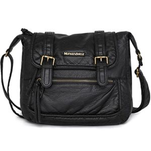 Montana West Crossbody Purses for Women Shoulder Bags Ultra Soft Washed Leather Multi Pocket Travel Flap Bags MWC-045BK