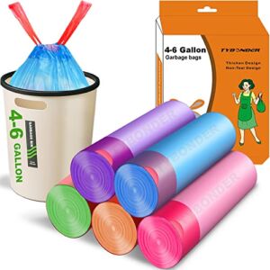 Small Trash Bags 4-6 Gallon Thicken Drawstring Trash Bags 4 Gallon Extra Strong Small Garbage Bags Unscented Wastebasket Liners Bags for Kitchen,Bathroom,Office,Home Trash Can 5 Color