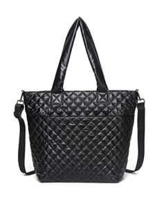 Hsitandy Quilted Tote Bag for Women, Small Nylon Waterproof Tote Crossbody Bags Quilted, Lightweight Soft Handbag with Zipper(Black)