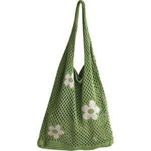 GASEQUO Flower Crochet Tote Bag, Woven Beach Totes Bags for Women, Simple Knitting Hollow Out Shoulder Beach Bag Casual Laziness-Style Handmade Weaving Large capacity Handbag (Green)