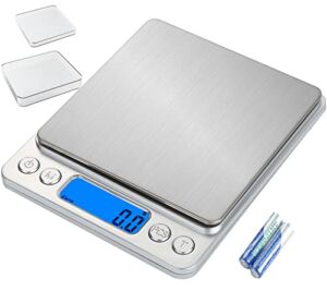 HNZYFUTA Digital Food Gram Scale Mini Pocket Scale for Food Ounces and Grams,Baking,Cooking,Kitchen and Small Items,Tare Function,2Trays,LCD Display (Batteries Included)Silver (3000g-silvery)