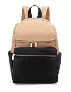 Kah&Kee Backpack for Women Fashion Waterproof School Bag Multiple Compartments 10 Pockets Fake-Leather Nylon Stitching (Beige/Black)