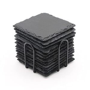 12 PCS Square Slate Drink Coasters Set, SIJDIEE 4 Inch Black Slate Stone Coasters with Anti-Scratch Bottom and Coaster Holder for Office Bar Kitchen Home Dinner Table Decor Supplies