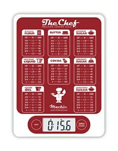 Mackie The Chef Food Scale Digital Kitchen Scale Easy Precision for Cooking Baking Meal Prep, Baking Conversion Table an American Co. Red and White