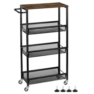 MOOACE Slim Storage Cart, 4 Tier Rolling Kitchen Shelving Unit on Wheels Mobile Narrow Cart with Wooden Tabletop for Bathroom, Laundry Narrow Places, 16.6”x 7.3”x 31.1”inch