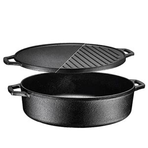 Bruntmor 3-In-1 Pre-Seasoned Cast Iron Skillets Round Deep Roasting Pan With Reversible Grill Griddle Lid, Non-Stick Open Fire Camping Kitchen Cookware, Use As Frying Pan 6.8 Quart- Black