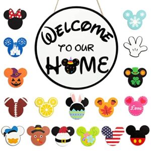 19Pcs Mouse Seasonal Interchangeable Welcome Door Sign Welcome to Our Home Hanging Signs Wooden Round Decorative Plaques Set for Autumn Halloween Thanksgiving Christmas Home Porch Decor