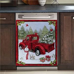 Gifta Christmas Tree Dish Washer Door Maget Sticker Snow Man Kitchen Decor Merry Christmas Dishwasher Magnet Cover,Red Car Refrigerator Magnetic Home Cabinet Panel Decal (23×26 inch)