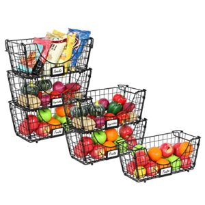 Stackable Wire Basket with Handle, 3 Pack Foldable Fruit Vegetable Basket with Removable Name Plate, Metal Mesh Basket Bin for Kitchen Counter Pantry Cabinet Organizer