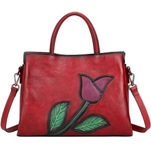 CHERISH KISS Soft Genuine Leather Satchel Bags for Women Purses and Handbags Vintage Embossed Floral Shoulder Bag(K7 Wine Red)